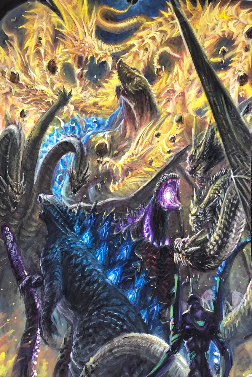 godzilla, eva 01, king ghidorah, godzilla earth, and ghidorah (neon genesis evangelion and 6 more) drawn by g.n.a
