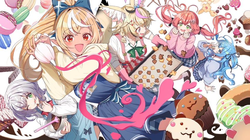 hoshimachi suisei, sakura miko, shirogane noel, shiranui flare, and omaru polka (hololive) drawn by itaboon