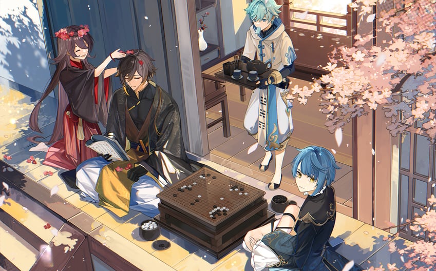 hu tao, zhongli, xingqiu, and chongyun (genshin impact) drawn by suyako_(suya93)