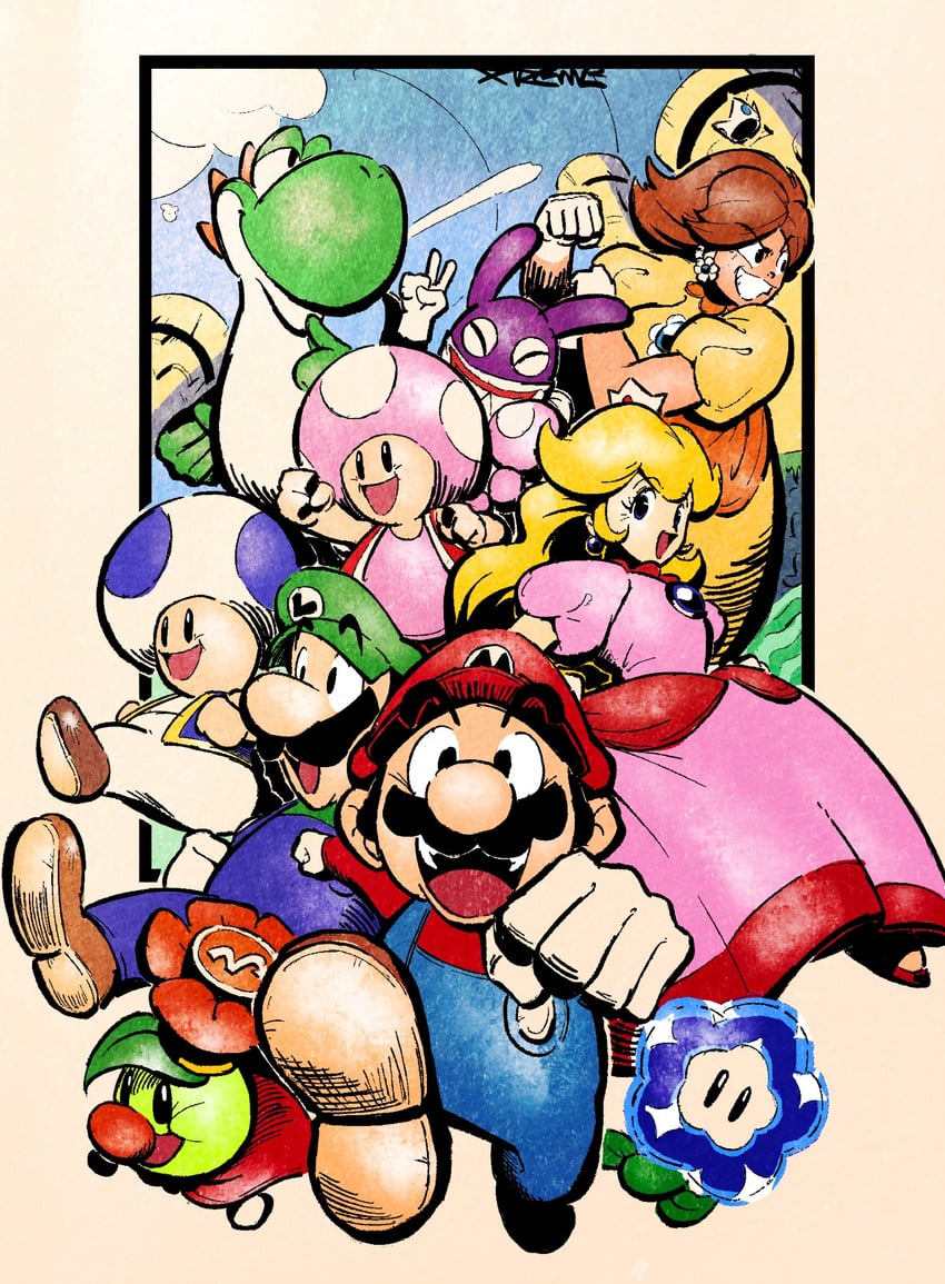 princess peach, mario, luigi, princess daisy, yoshi, and 5 more (mario and 1 more) drawn by xtremexavier