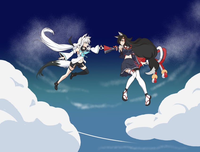 shirakami fubuki and ookami mio (hololive) drawn by kagami_yoshino