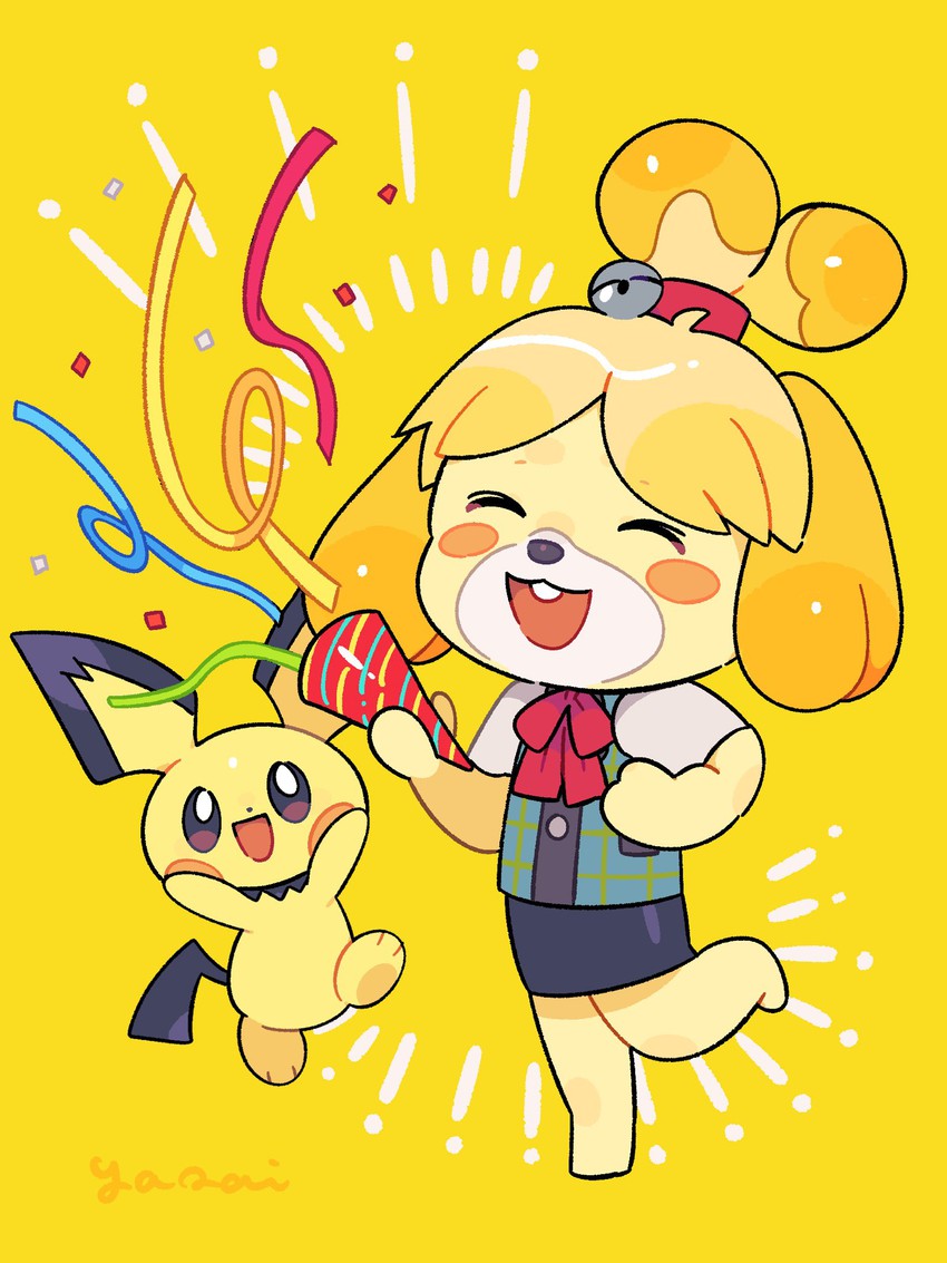 pichu and isabelle (pokemon and 2 more) drawn by yasaikakiage