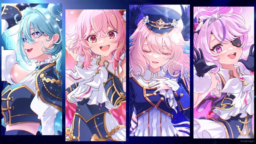elira pendora, enna alouette, rosemi lovelock, and maria marionette (nijisanji and 1 more) drawn by mugimugigo