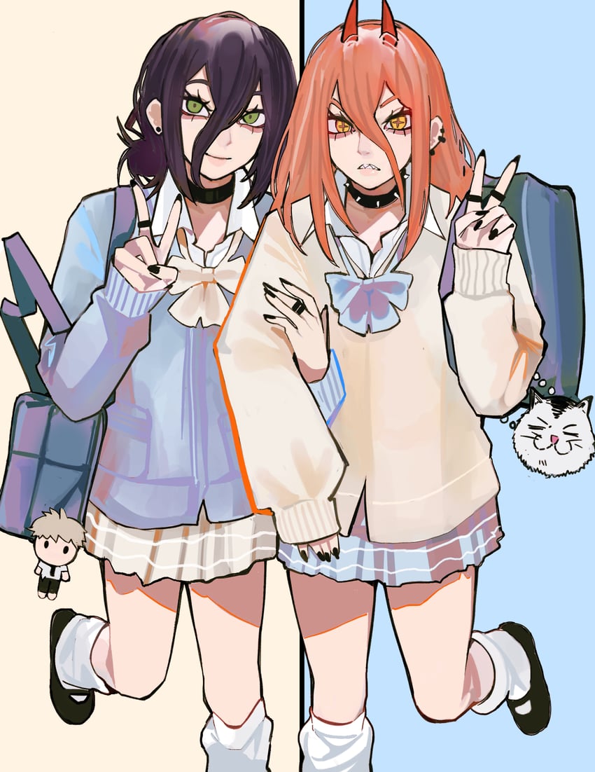 power, denji, reze, and meowy (chainsaw man) drawn by sailen0