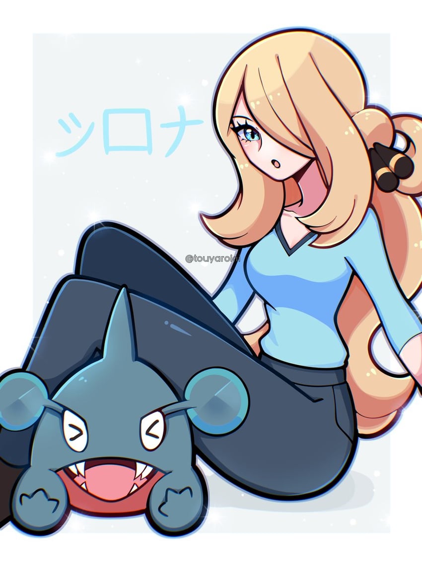 cynthia and gible (pokemon and 1 more) drawn by touyarokii