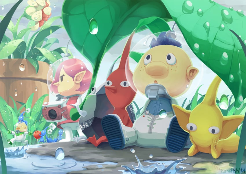 red pikmin, yellow pikmin, blue pikmin, rock pikmin, alph, and 2 more (pikmin and 1 more) drawn by kamifish
