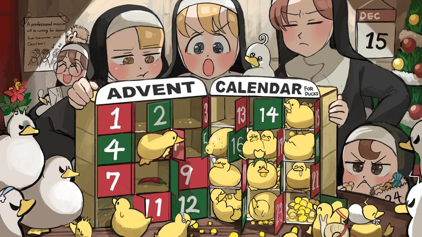 clumsy nun, froggy nun, spicy nun, glasses nun, and hungry nun (little nuns) drawn by diva_(hyxpk)