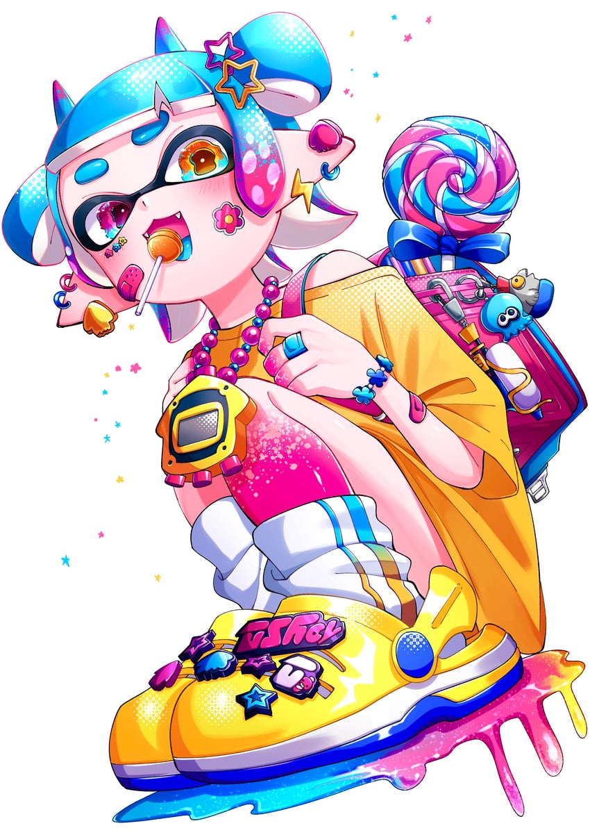 inkling player character, inkling girl, and smallfry (splatoon) drawn by 6roku_6roku