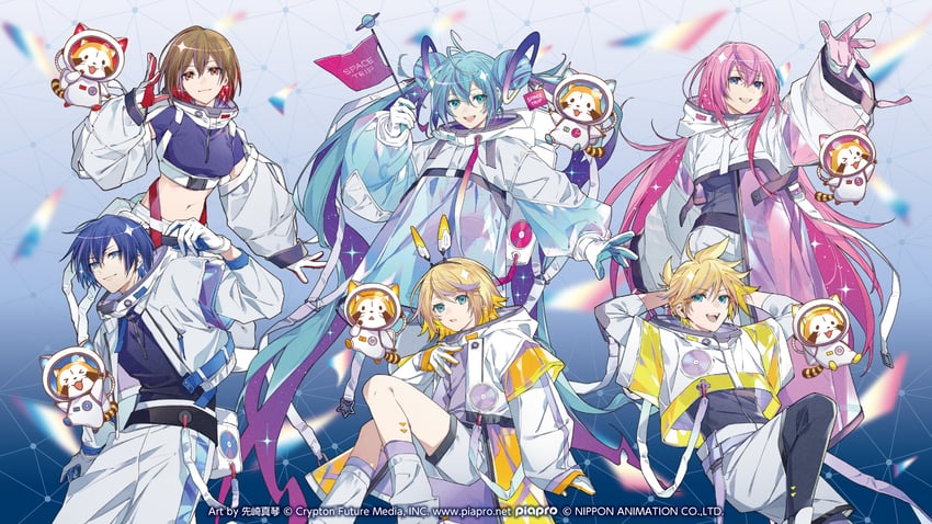 hatsune miku, kagamine rin, kagamine len, megurine luka, kaito, and 1 more (vocaloid and 1 more) drawn by senzaki_makoto