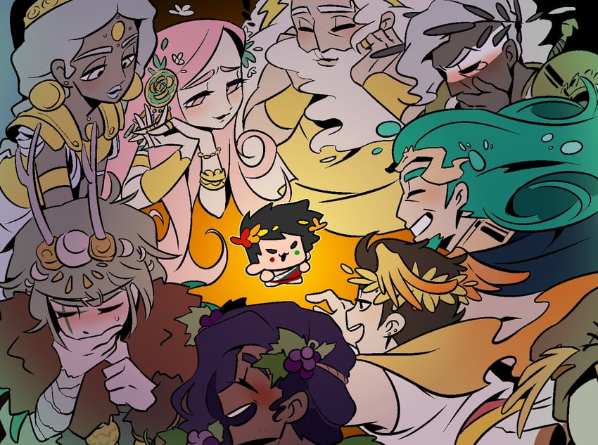 zagreus, aphrodite, artemis, dionysus, hermes, and 4 more (hades and 1 more) drawn by bbeard3