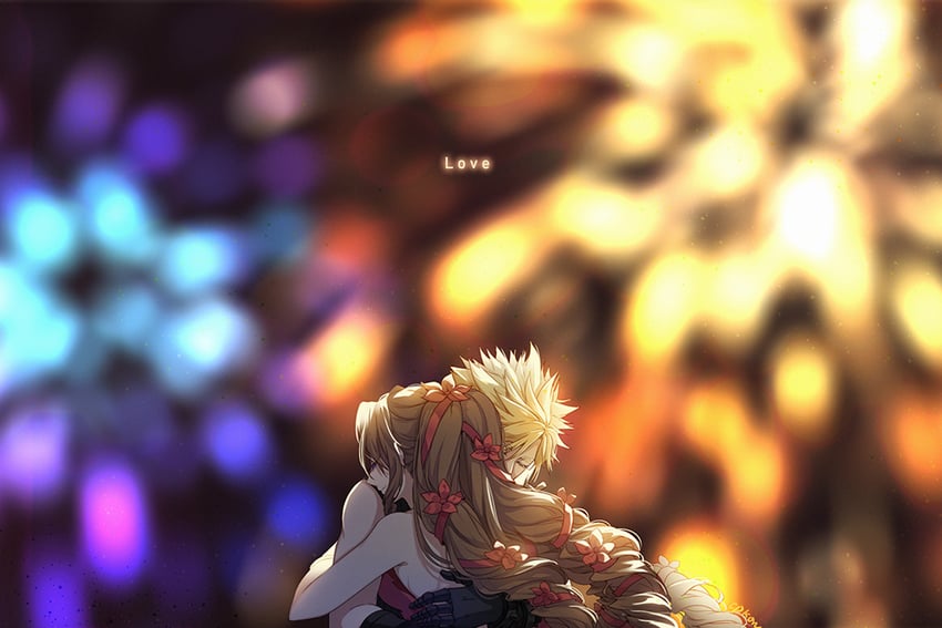 cloud strife and aerith gainsborough (final fantasy and 2 more) drawn by cat_princess