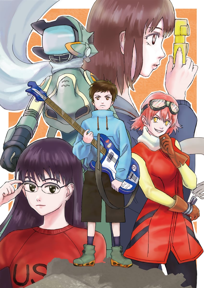 haruhara haruko, samejima mamimi, nandaba naota, canti, and ninamori eri (flcl) drawn by roporopo