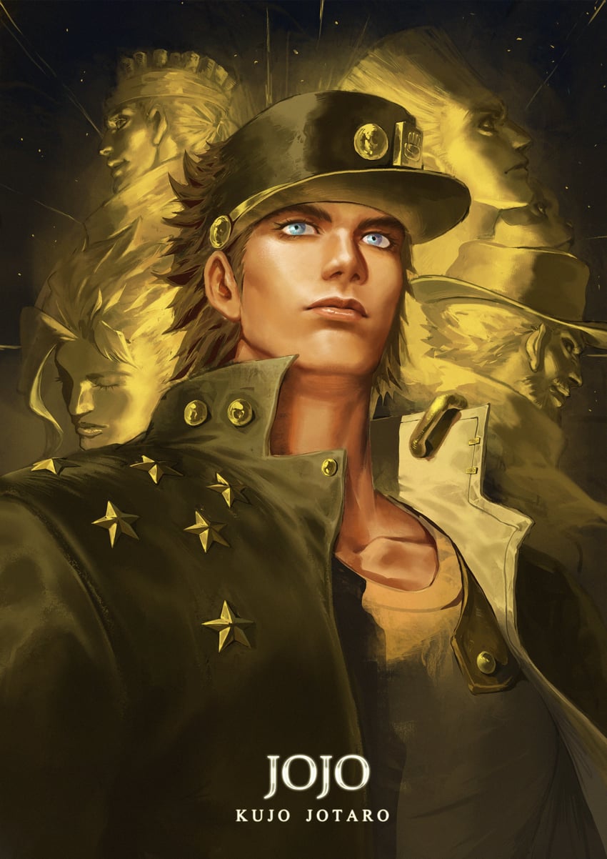 kujo jotaro, kakyoin noriaki, johnny joestar, jean pierre polnareff, mohammed avdol, and 1 more (jojo no kimyou na bouken and 1 more) drawn by xiao-yang