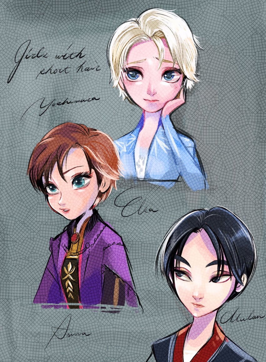 elsa, anna, and fa mulan (frozen and 1 more) drawn by bumble_tmnt