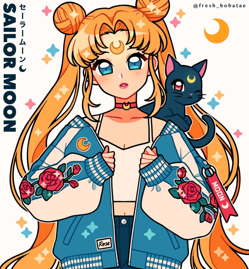 tsukino usagi, sailor moon, and luna (bishoujo senshi sailor moon) drawn by emily_kim