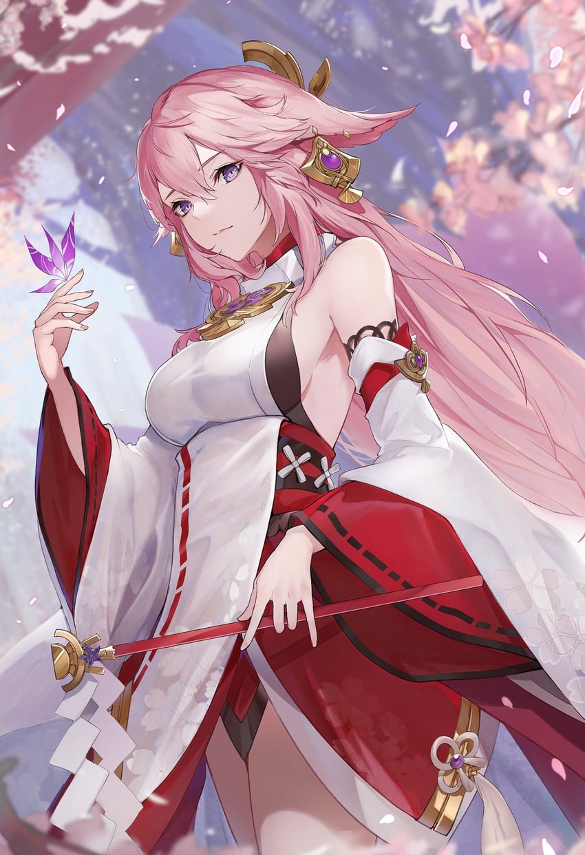 yae miko and crystalfly (genshin impact) drawn by marumoru