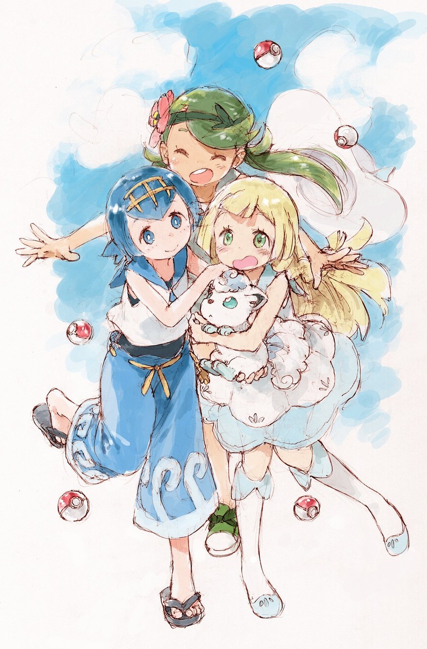 lillie, lana, mallow, and alolan vulpix (pokemon and 1 more) drawn by barasui