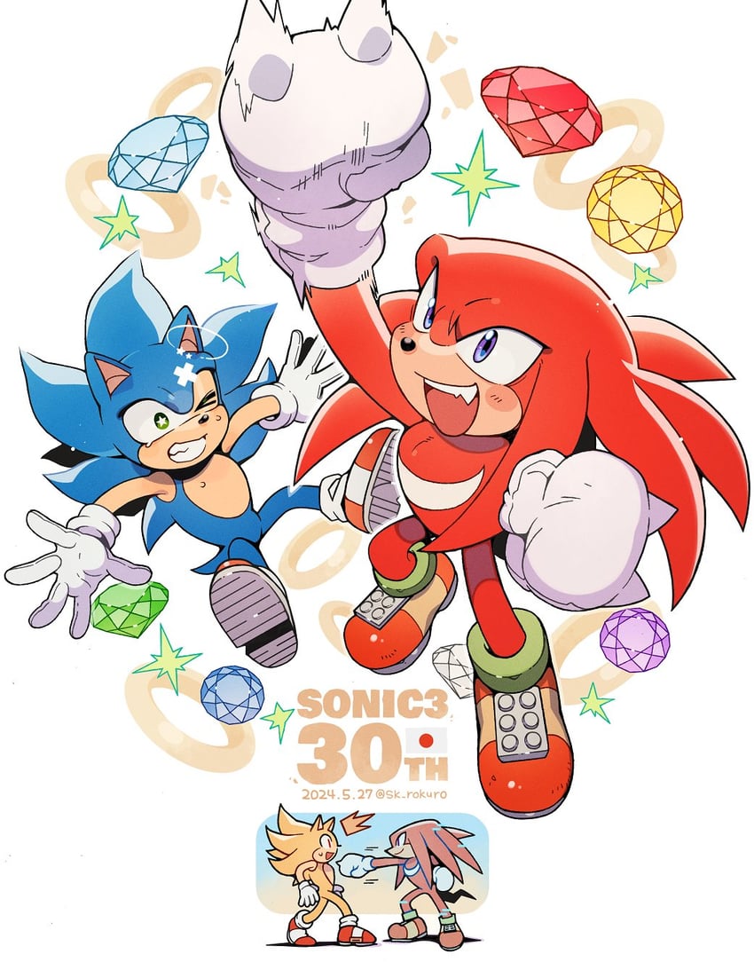 sonic the hedgehog, knuckles the echidna, and super sonic (sonic) drawn by sk_rokuro