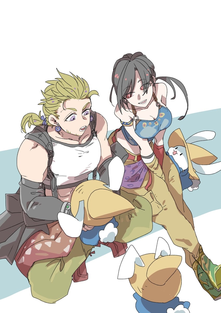 tifa lockhart, sabin rene figaro, and mysidian rabbit (final fantasy and 3 more) drawn by oshibainoticket