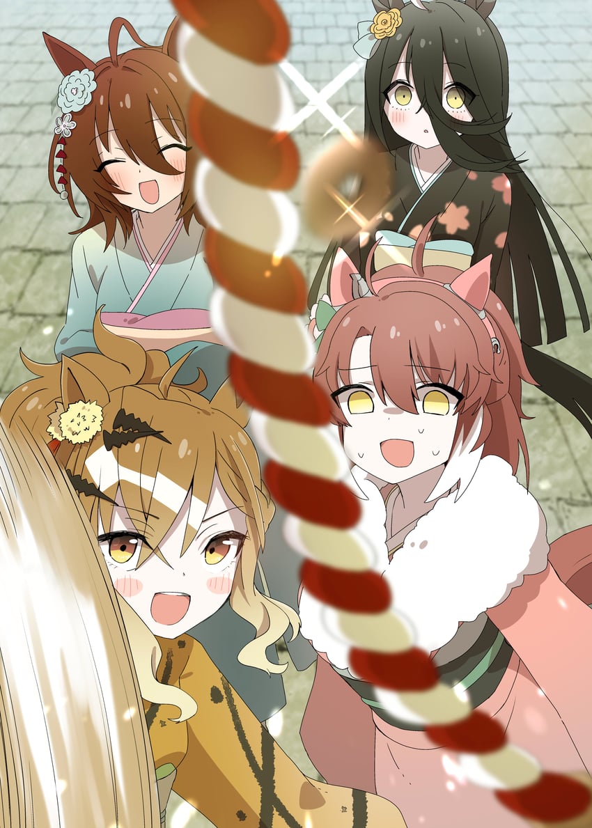 agnes tachyon, manhattan cafe, jungle pocket, and dantsu flame (umamusume) drawn by ktgrtos
