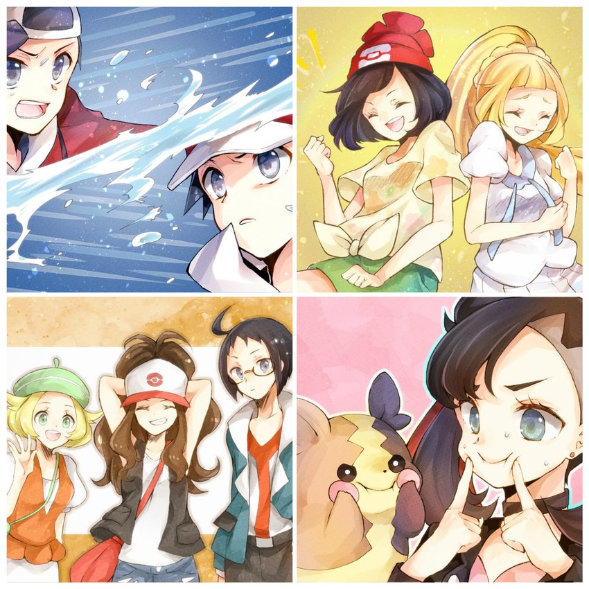 lillie, marnie, hilda, red, selene, and 4 more (pokemon and 5 more) drawn by yomogi_(black-elf)
