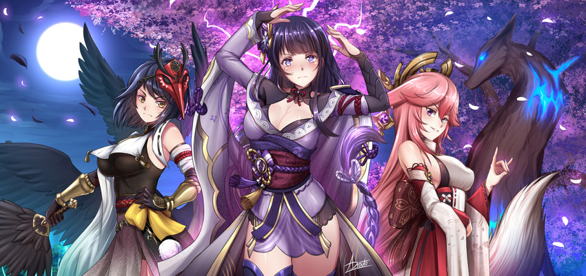raiden shogun, yae miko, and kujou sara (genshin impact) drawn by adsouto