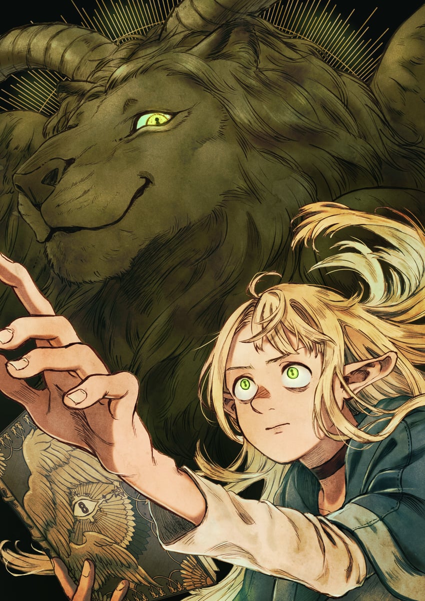 marcille donato and winged lion (dungeon meshi) drawn by shako_(shaco_flat)