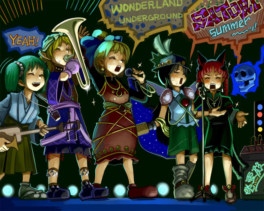 kaenbyou rin, reiuji utsuho, mizuhashi parsee, kurodani yamame, and kisume (touhou) drawn by maku_(wasabishock)