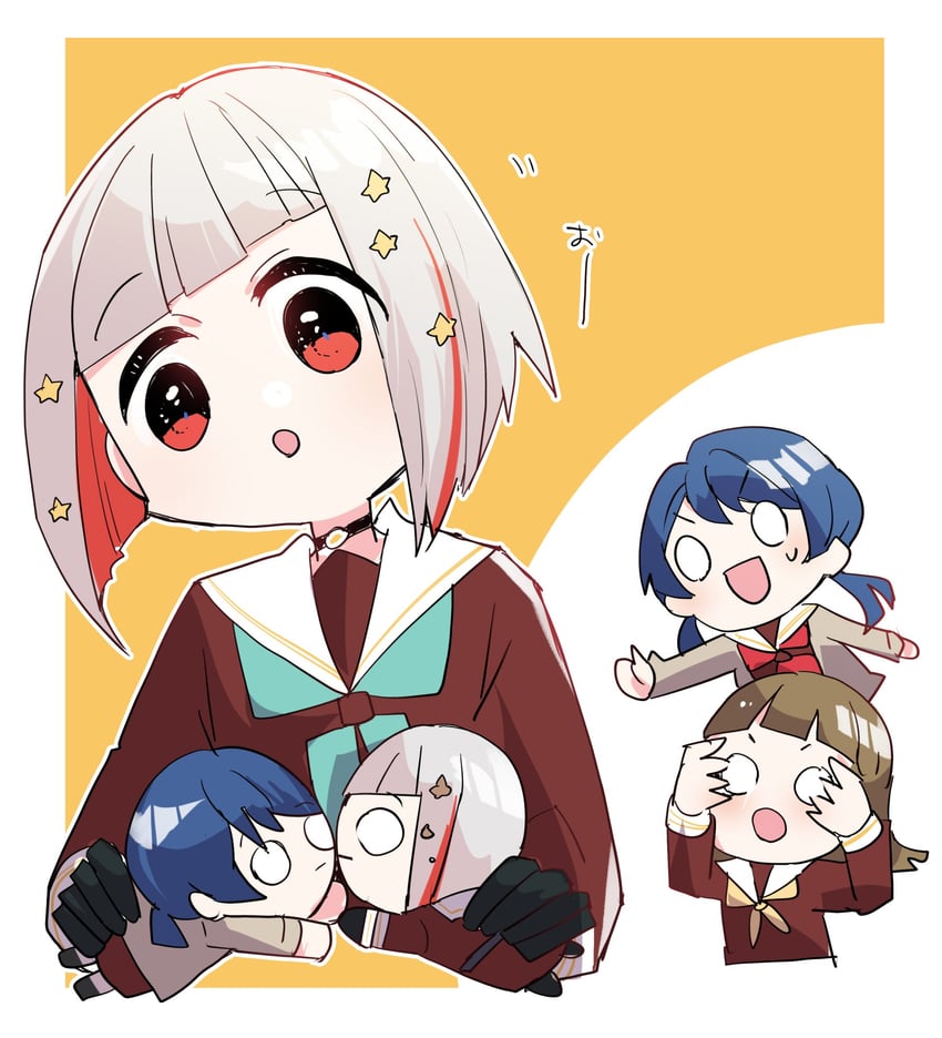 murano sayaka, yugiri tsuzuri, and kachimachi kosuzu (love live! and 1 more) drawn by kanduki_kamibukuro