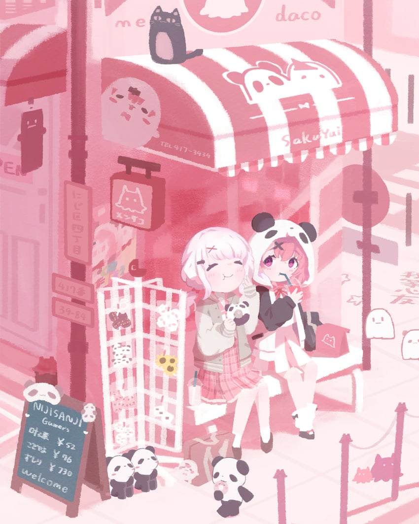 shiina yuika, sasaki saku, and omochiina (nijisanji) drawn by nipiqee