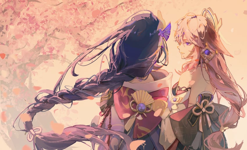 raiden shogun and yae miko (genshin impact) drawn by guxianyueyi