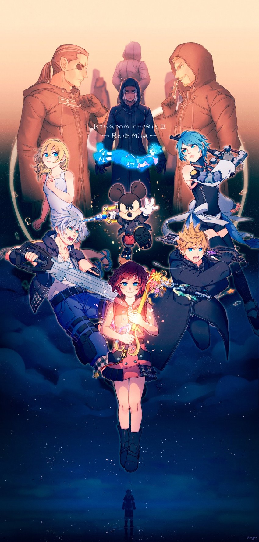 sora, roxas, kairi, riku, mickey mouse, and 7 more (kingdom hearts and 2 more) drawn by mukaunosato