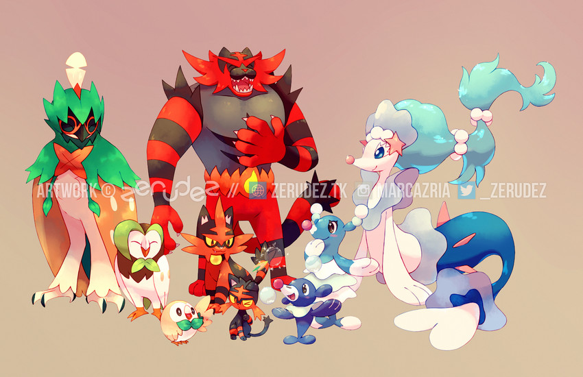rowlet, popplio, litten, primarina, incineroar, and 4 more (pokemon) drawn by marc_azria