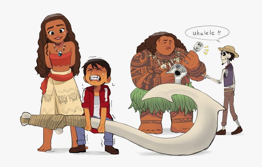 moana waialiki, hector rivera, miguel rivera, and maui (coco and 1 more) drawn by pano_(mohayayamai)