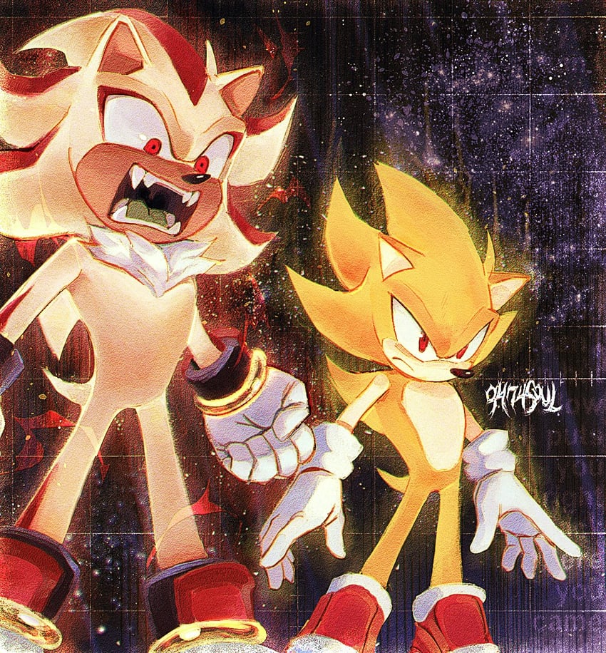 sonic the hedgehog, shadow the hedgehog, super sonic, and super shadow (dragon ball and 2 more) drawn by 9474s0ul