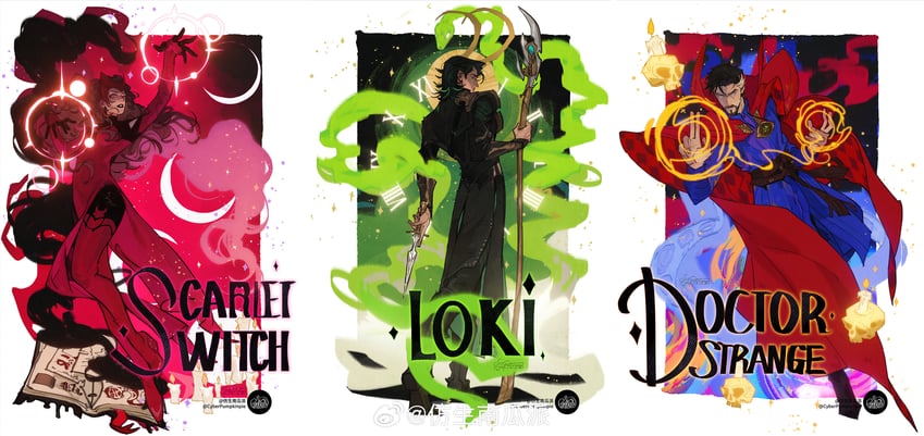 loki, wanda maximoff, scarlet witch, and doctor strange (marvel and 1 more) drawn by cyberpumpkinpie