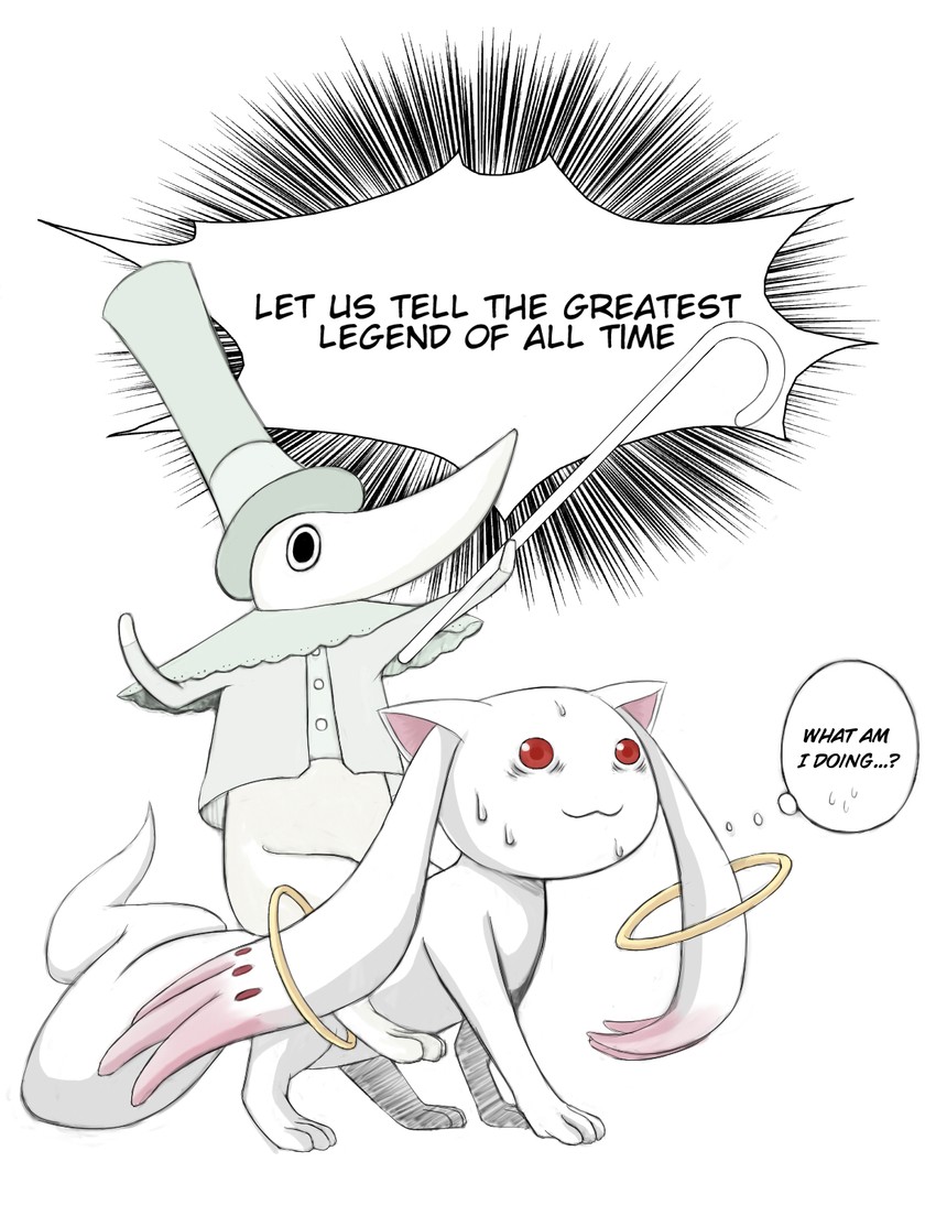 kyubey and excalibur (mahou shoujo madoka magica and 1 more) drawn by drawfag
