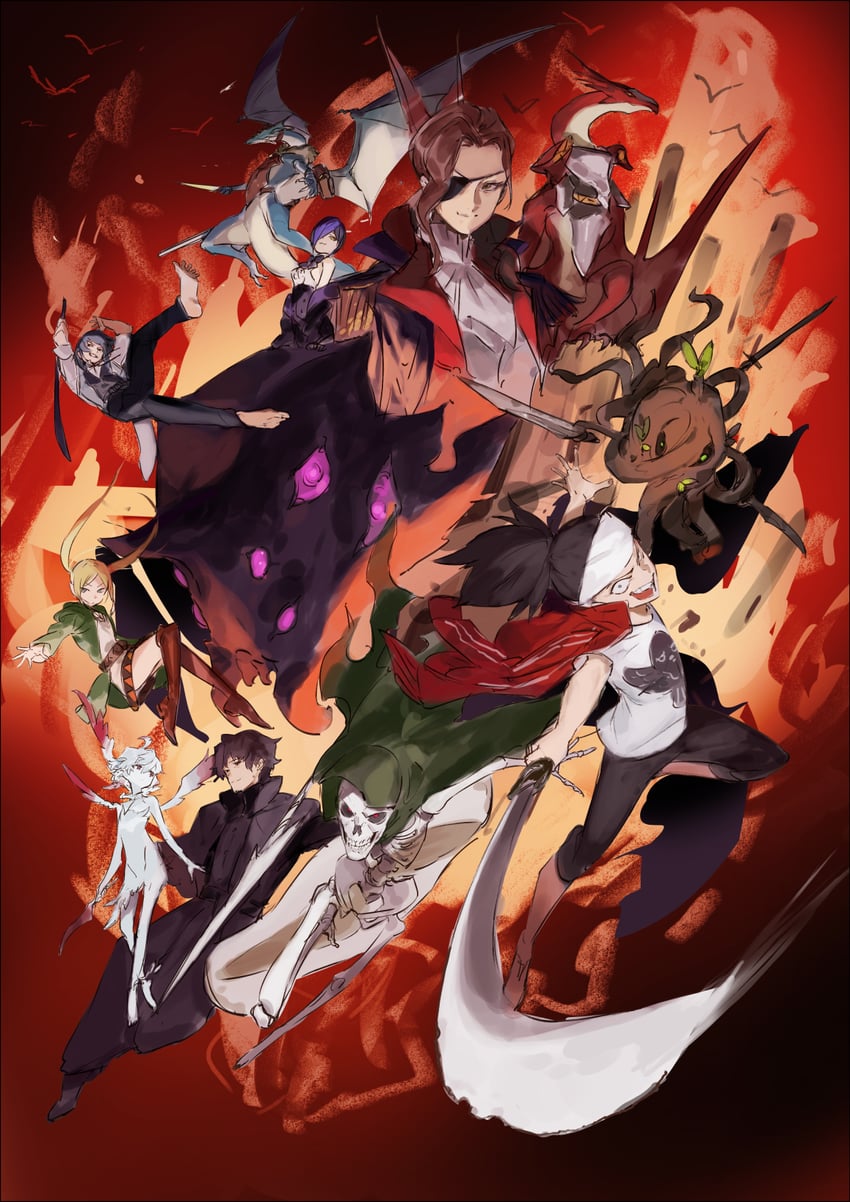 kia the world word, shalk the sound slicer, yagyuu soujirou the willow sword, alus the star runner, kuze the passing disaster, and 7 more (ishura) drawn by kureta_(nikogori)