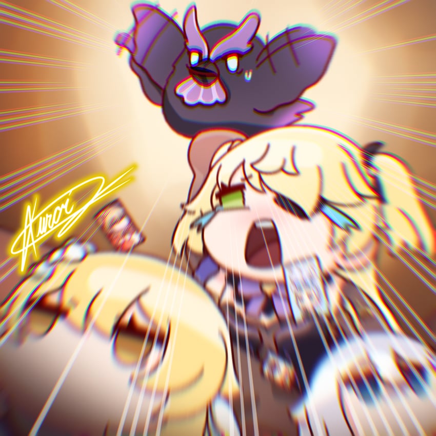 lumine, paimon, fischl, and oz (genshin impact) drawn by kuroij