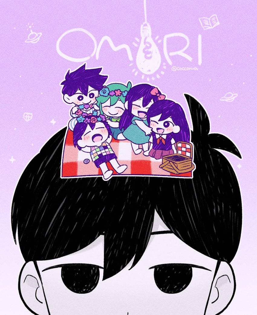omori, basil, aubrey, mari, kel, and 2 more (omori) drawn by mommorua