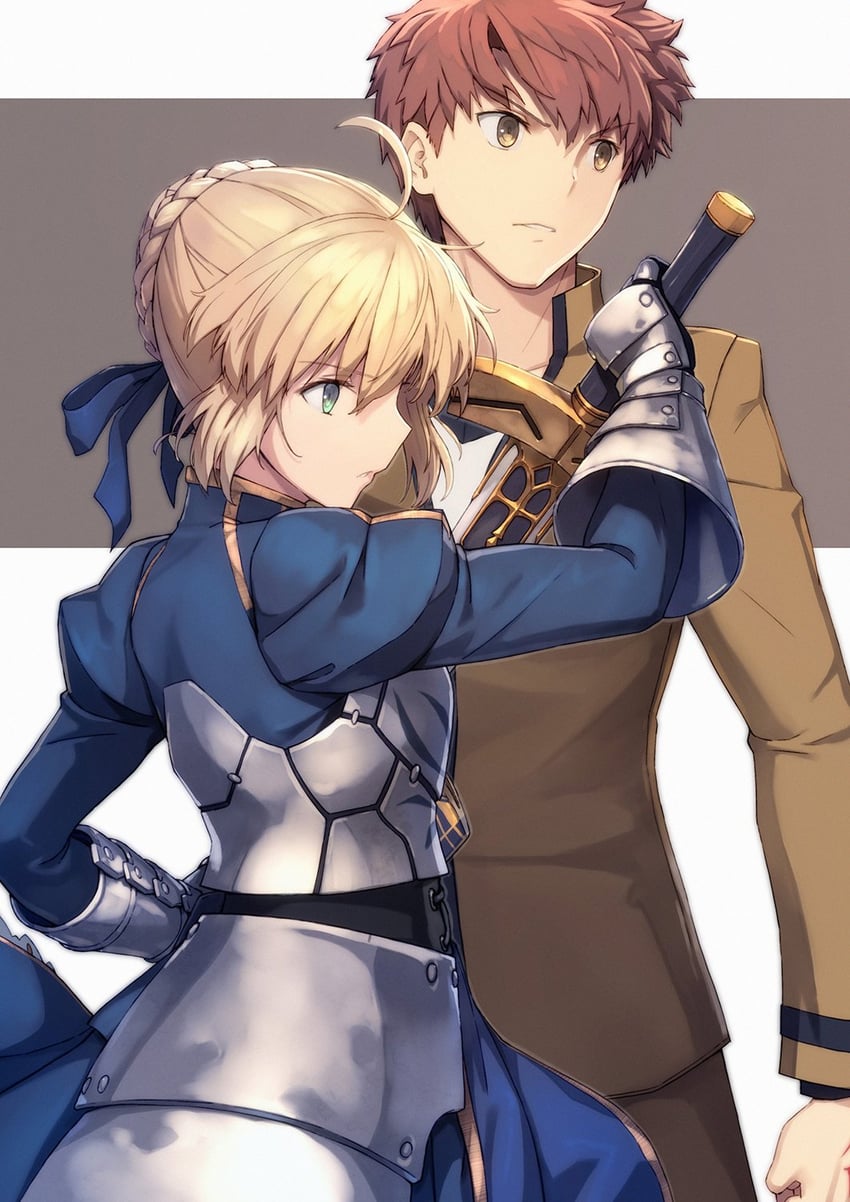artoria pendragon, saber, and emiya shirou (fate and 1 more) drawn by shizuma_yoshinori
