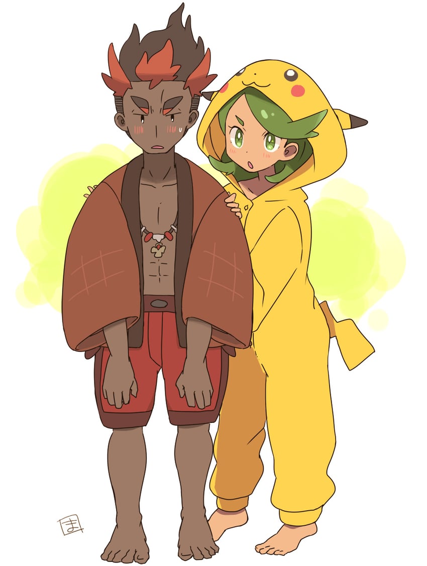 pikachu, mallow, and kiawe (pokemon and 1 more) drawn by masso_n