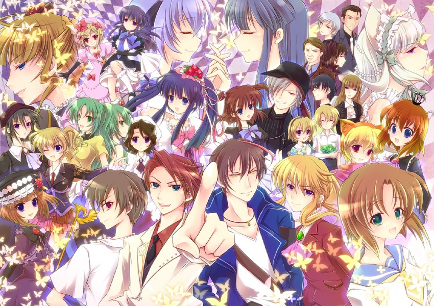 furude rika, ryuuguu rena, houjou satoko, beatrice, ushiromiya battler, and 25 more (higurashi no naku koro ni and 1 more) drawn by enjoy_mix