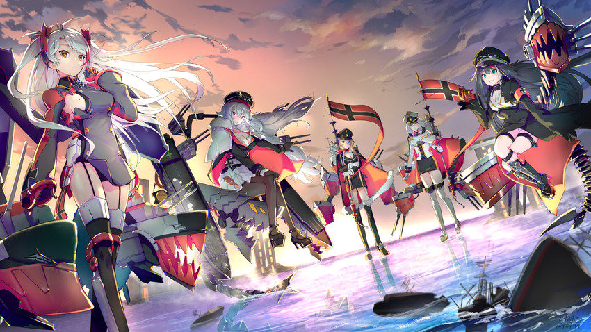 prinz eugen, bismarck, graf zeppelin, deutschland, and tirpitz (azur lane) drawn by canata_katana