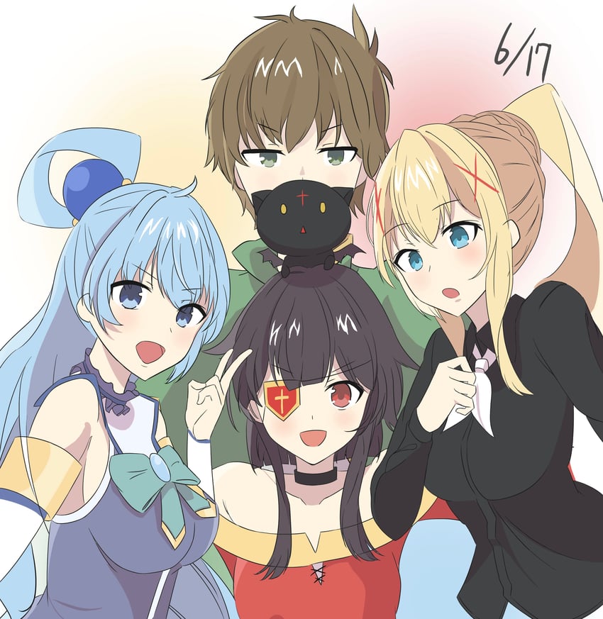 megumin, aqua, darkness, satou kazuma, and chomusuke (kono subarashii sekai ni shukufuku wo!) drawn by sayu_(user_yjsz2885)