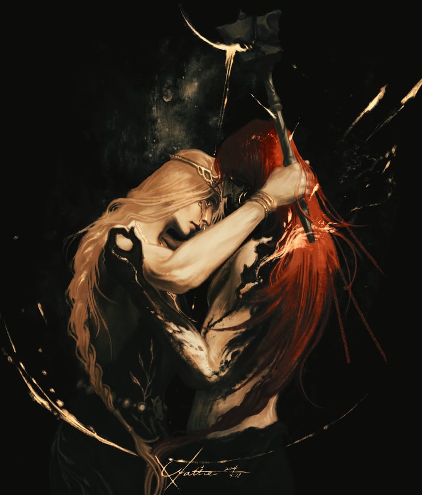 queen marika the eternal and radagon of the golden order (elden ring) drawn by cruentum_noctis