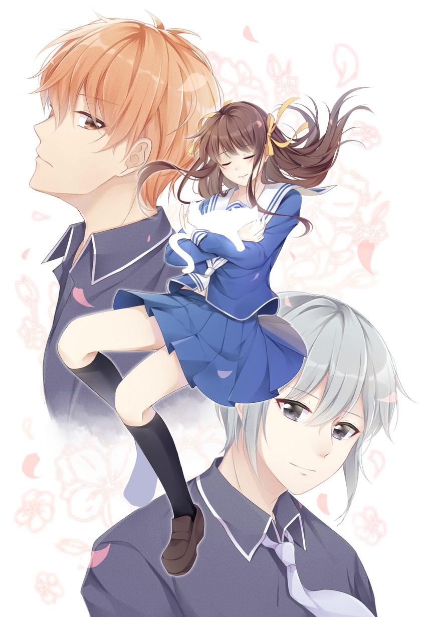 honda tohru, sohma kyou, and sohma yuki (fruits basket) drawn by sayumari