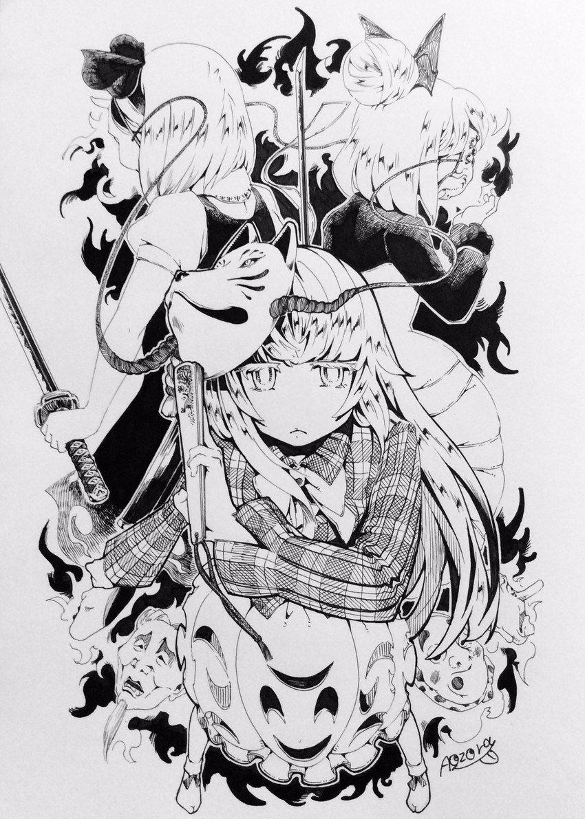 konpaku youmu, hata no kokoro, and kurodani yamame (touhou) drawn by aozora_taf
