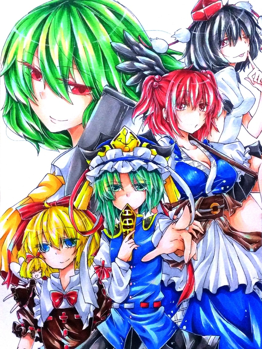 shameimaru aya, kazami yuuka, shiki eiki, onozuka komachi, medicine melancholy, and 1 more (touhou and 1 more) drawn by kashiwagi_minato