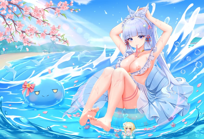lumine, kamisato ayaka, slime, and hydro slime (genshin impact) drawn by zhui_ming_ying_xue